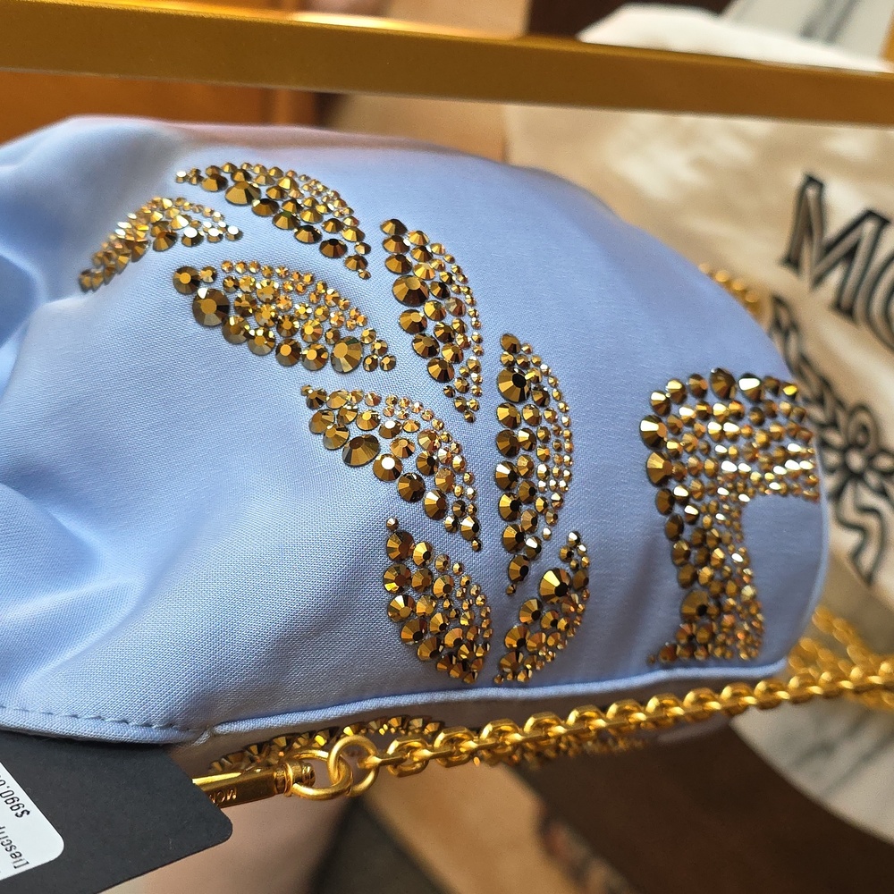 MCM Light Blue Mini Bucket Bag with Gold Sequin Embellishment - Picture 9 of 16